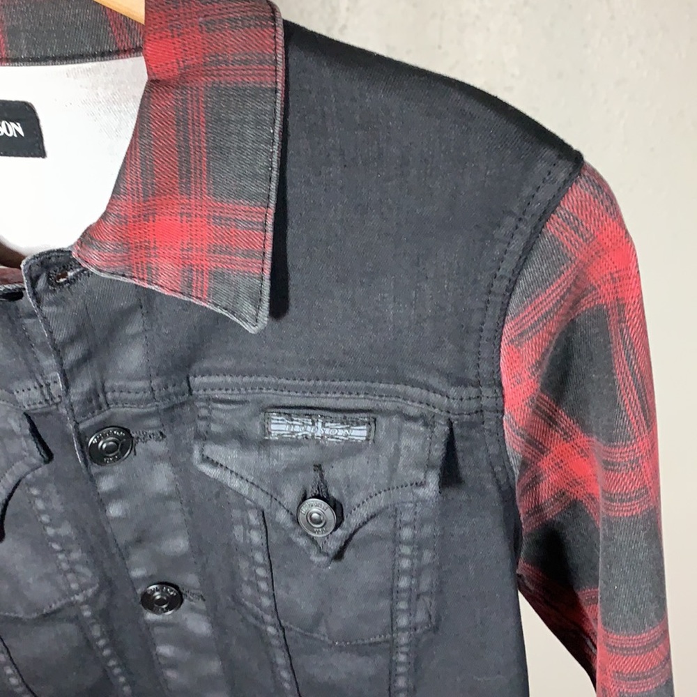 Rare HUDSON jean’s black & red buffalo check denim Jean Jacket Sz S Stretch - Picture 7 of 13